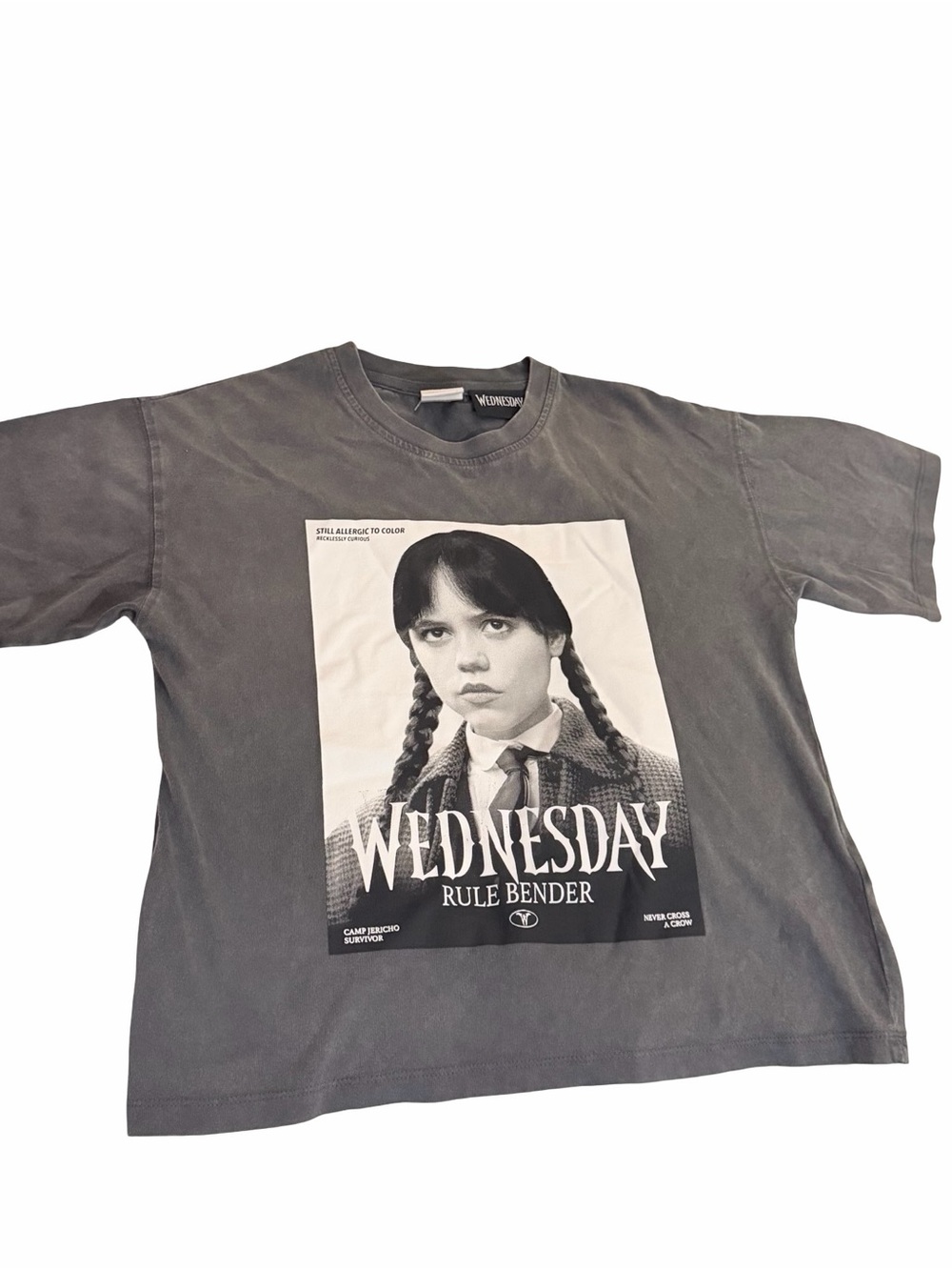 Zara Wednesday Addams Rule Bender Oversized Graphic Tee Washed Gray women Small
